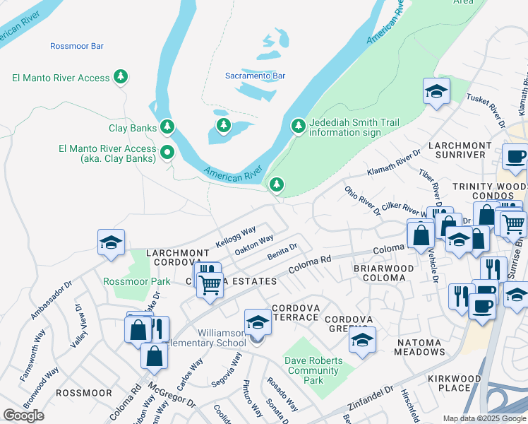 map of restaurants, bars, coffee shops, grocery stores, and more near 10844 Ambassador Drive in Rancho Cordova