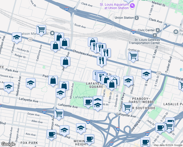 map of restaurants, bars, coffee shops, grocery stores, and more near 28 Benton Place in St. Louis