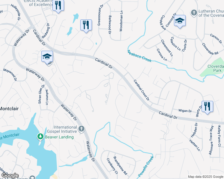 map of restaurants, bars, coffee shops, grocery stores, and more near 15417 Windsong Lane in Montclair