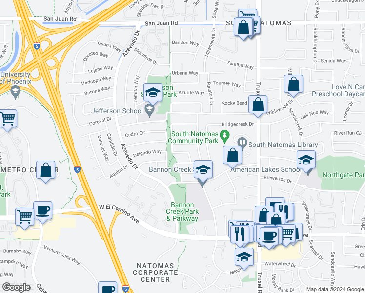 map of restaurants, bars, coffee shops, grocery stores, and more near 2926 Bendmill Way in Sacramento