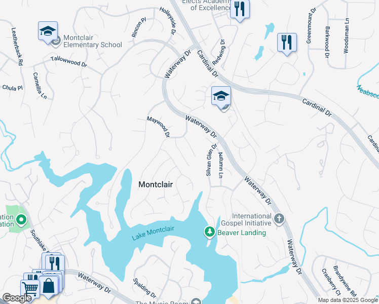 map of restaurants, bars, coffee shops, grocery stores, and more near 15308 Holly Hill Drive in Montclair