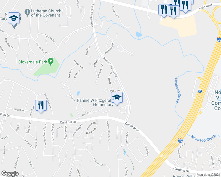 map of restaurants, bars, coffee shops, grocery stores, and more near 15376 Bronco Way in Woodbridge