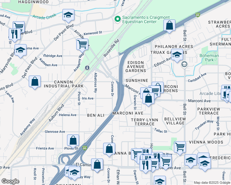 map of restaurants, bars, coffee shops, grocery stores, and more near 2920 Connie Drive in Sacramento