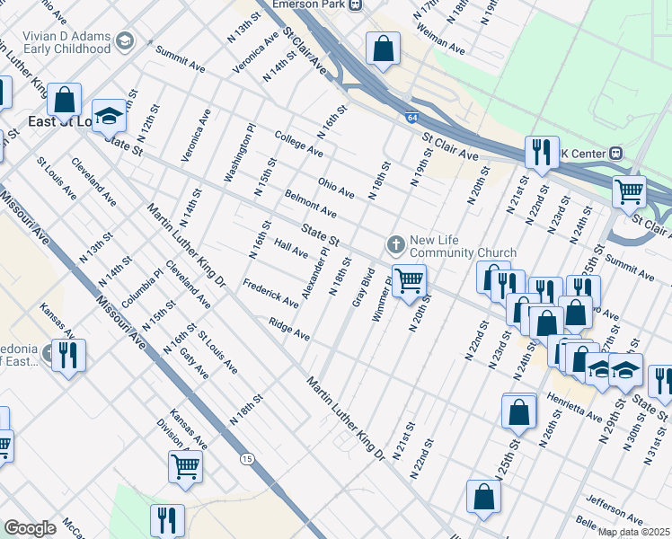 map of restaurants, bars, coffee shops, grocery stores, and more near 563 North 18th Street in East St. Louis