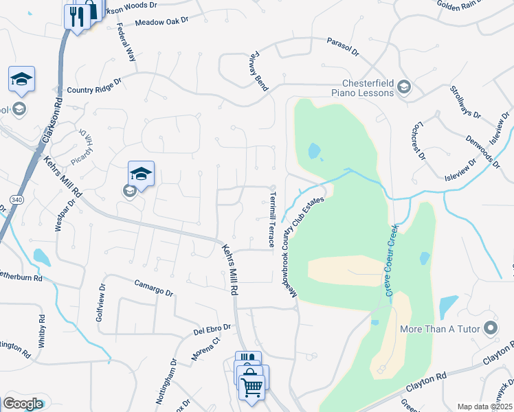 map of restaurants, bars, coffee shops, grocery stores, and more near 15516 Amber Meadows Court in Chesterfield