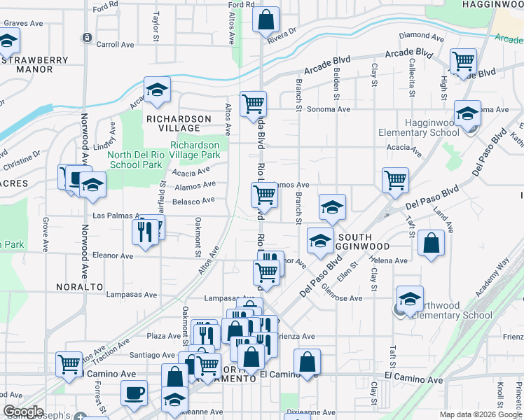 map of restaurants, bars, coffee shops, grocery stores, and more near 2820 Rio Linda Blvd in Sacramento