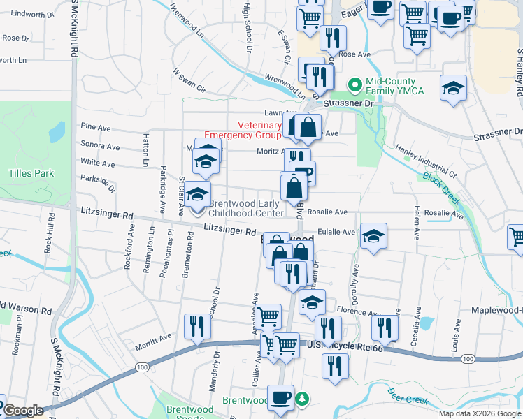 map of restaurants, bars, coffee shops, grocery stores, and more near 2326 Hilton Avenue in Brentwood