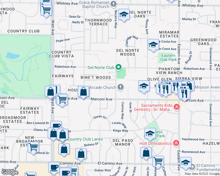 map of restaurants, bars, coffee shops, grocery stores, and more near 3821 Marconi Avenue in Sacramento