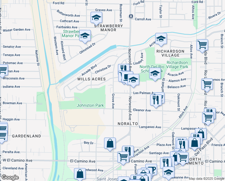 map of restaurants, bars, coffee shops, grocery stores, and more near 2813 Grove Avenue in Sacramento
