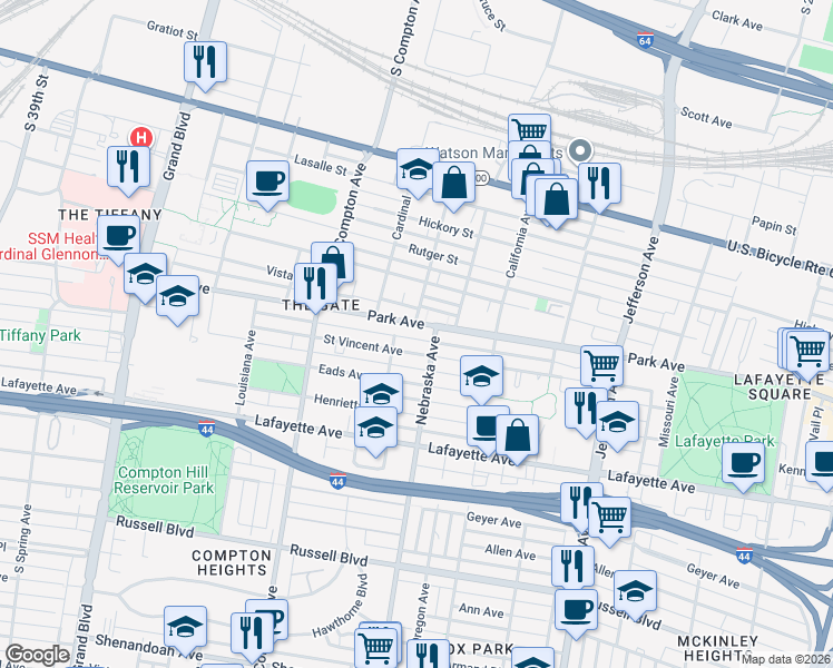 map of restaurants, bars, coffee shops, grocery stores, and more near 2938 Park Avenue in St. Louis