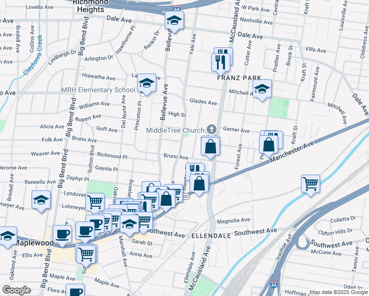 map of restaurants, bars, coffee shops, grocery stores, and more near 2144 Yale Avenue in Maplewood