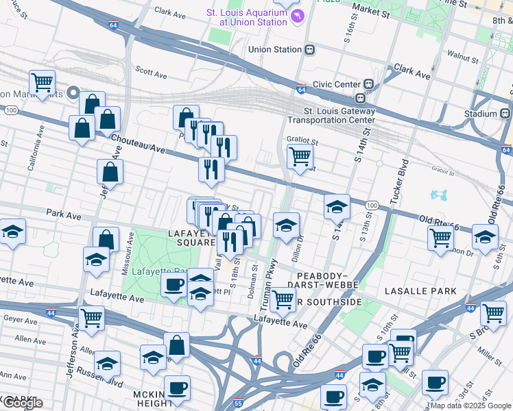 map of restaurants, bars, coffee shops, grocery stores, and more near 1118 South 18th Street in St. Louis