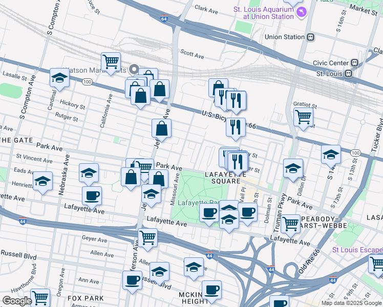 map of restaurants, bars, coffee shops, grocery stores, and more near 2213 Rutger Street in St. Louis