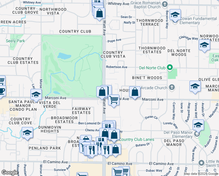 map of restaurants, bars, coffee shops, grocery stores, and more near 3535 Marconi Avenue in Sacramento