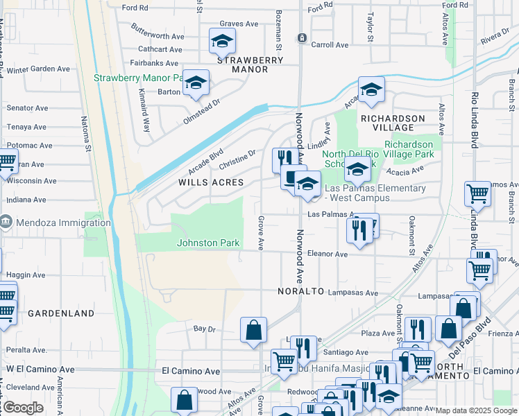 map of restaurants, bars, coffee shops, grocery stores, and more near 2813 Grove Avenue in Sacramento