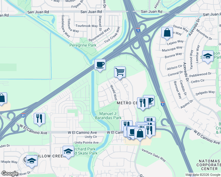 map of restaurants, bars, coffee shops, grocery stores, and more near 2952 Weald Way in Sacramento