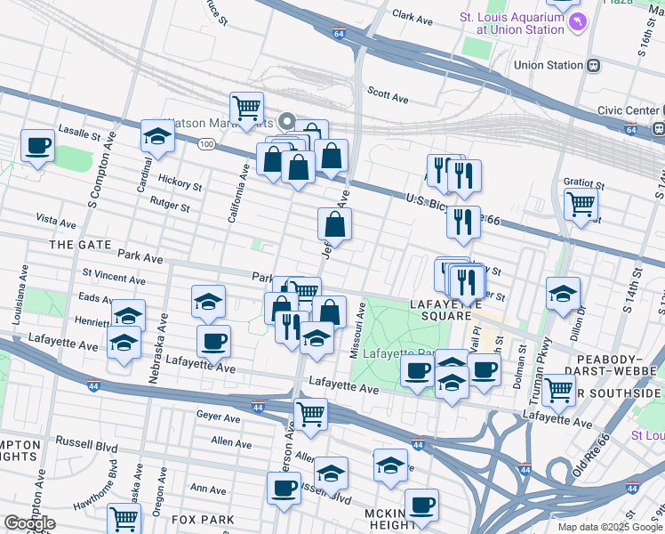 map of restaurants, bars, coffee shops, grocery stores, and more near 2334 Rutger Street in St. Louis