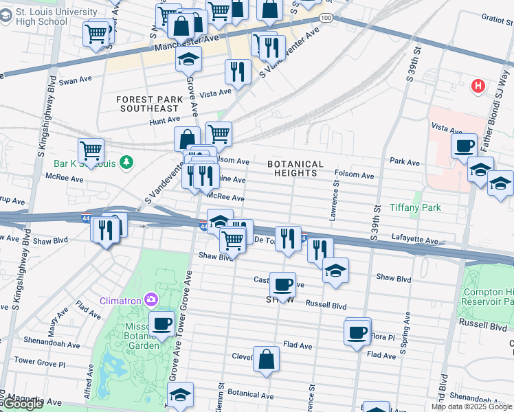 map of restaurants, bars, coffee shops, grocery stores, and more near 4148 McRee Avenue in St. Louis