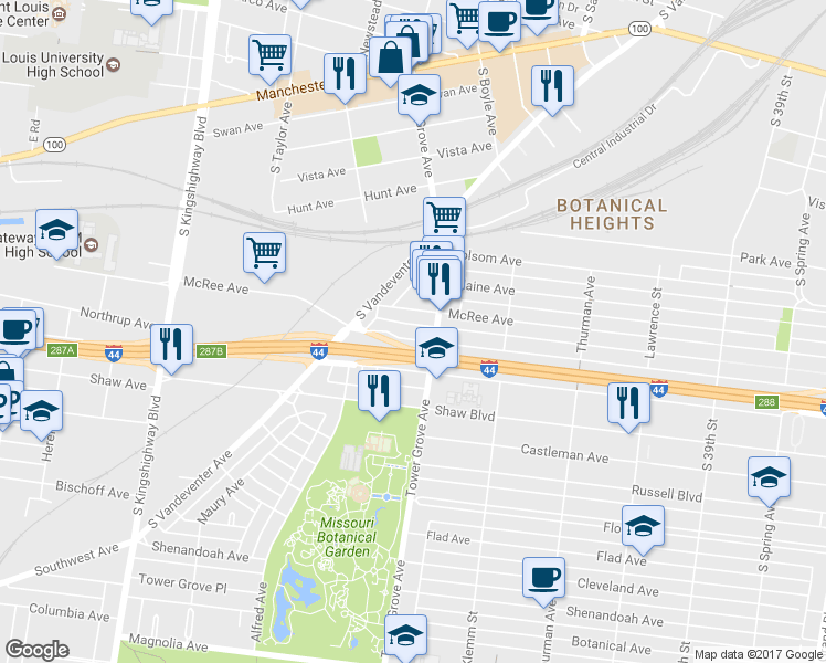 map of restaurants, bars, coffee shops, grocery stores, and more near 4311 Lafayette Avenue in St. Louis