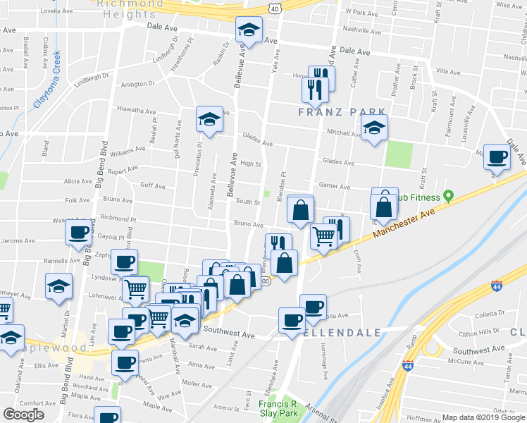 map of restaurants, bars, coffee shops, grocery stores, and more near 7125 South Street in Maplewood