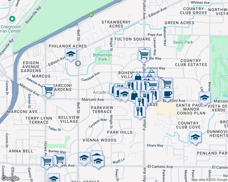 map of restaurants, bars, coffee shops, grocery stores, and more near 2930 Wright Street in Sacramento