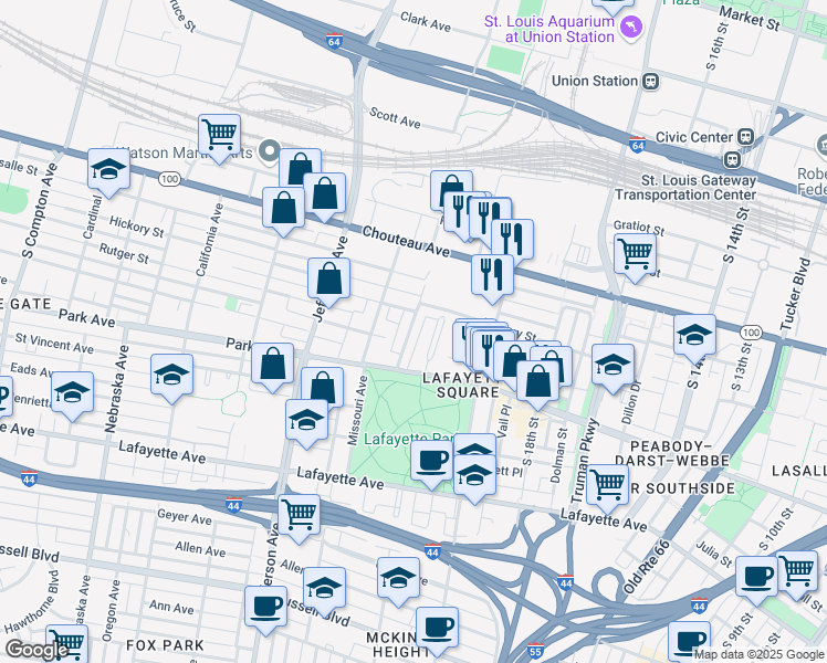 map of restaurants, bars, coffee shops, grocery stores, and more near 1230 Mackay Place in St. Louis