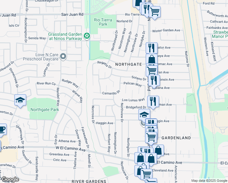 map of restaurants, bars, coffee shops, grocery stores, and more near 2899 Camarillo Drive in Sacramento