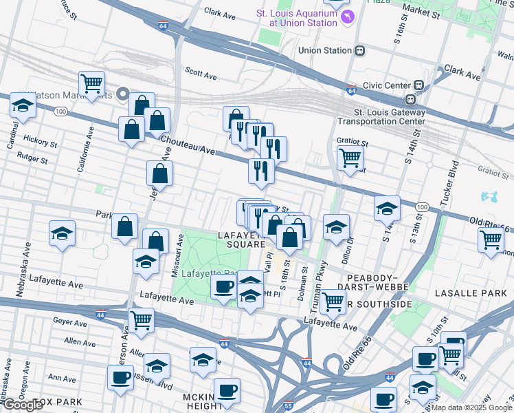 map of restaurants, bars, coffee shops, grocery stores, and more near 1205 Mississippi Avenue in St. Louis