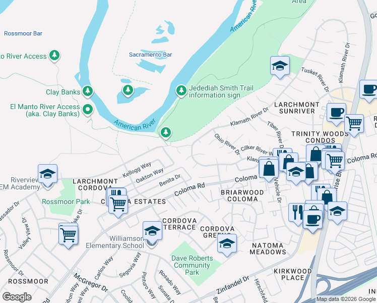 map of restaurants, bars, coffee shops, grocery stores, and more near 1673 Klamath River Drive in Rancho Cordova