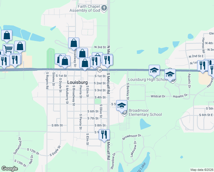 map of restaurants, bars, coffee shops, grocery stores, and more near 7 South 2nd Street in Louisburg