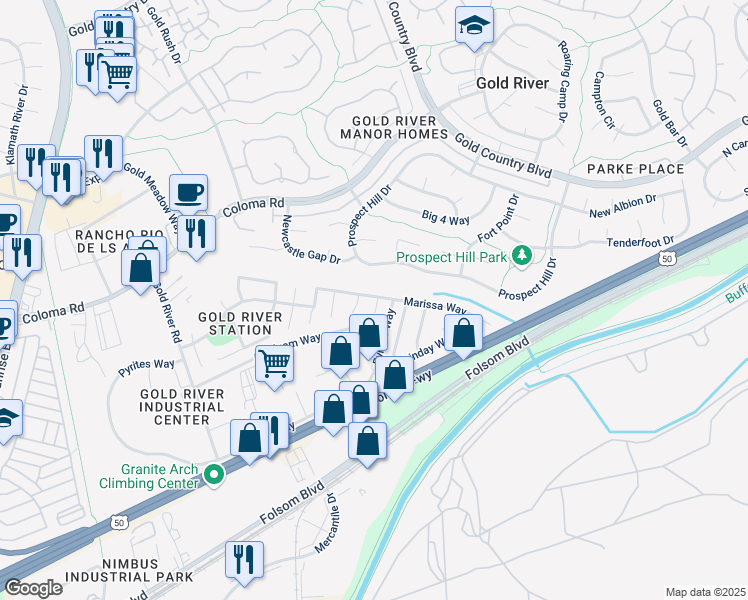 map of restaurants, bars, coffee shops, grocery stores, and more near 2316 El Pescador Court in Gold River