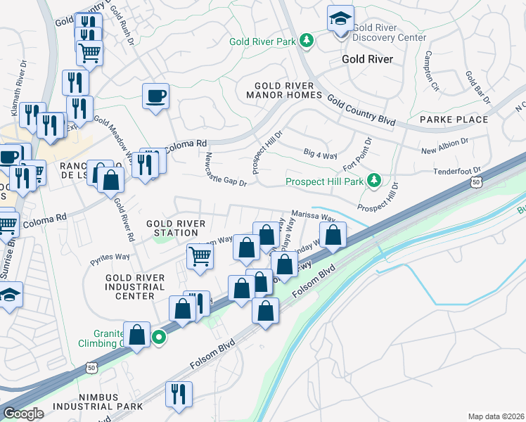 map of restaurants, bars, coffee shops, grocery stores, and more near 2316 El Pescador Court in Gold River