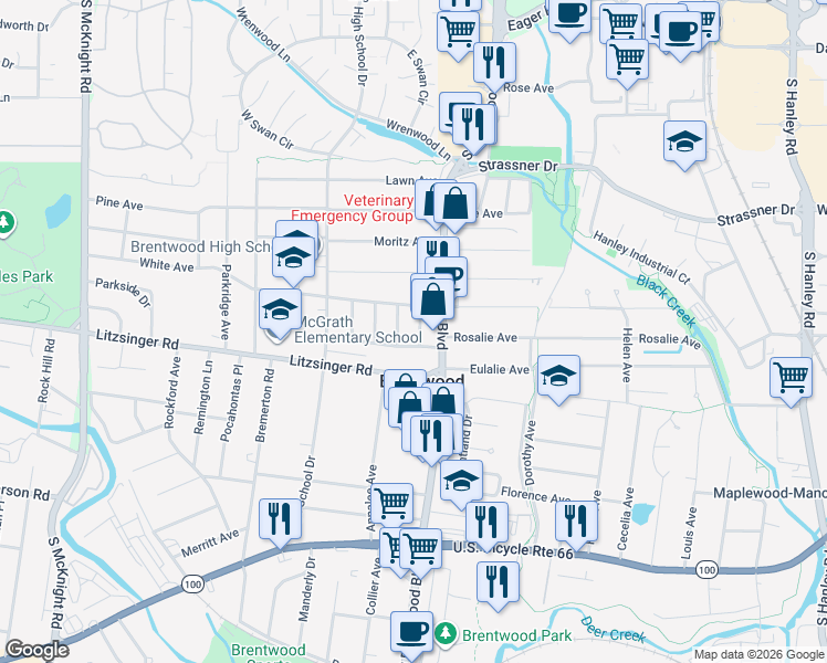 map of restaurants, bars, coffee shops, grocery stores, and more near 2321 Patton Avenue in Brentwood