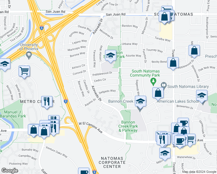 map of restaurants, bars, coffee shops, grocery stores, and more near 35 Cedro Circle in Sacramento