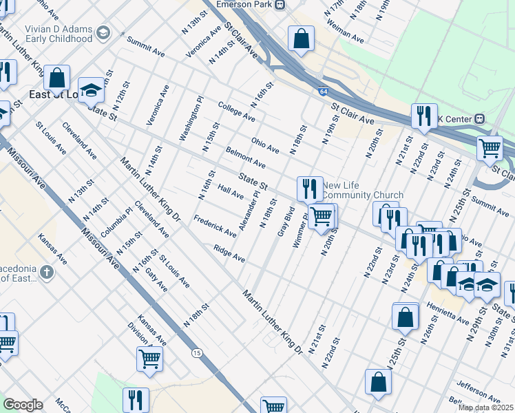 map of restaurants, bars, coffee shops, grocery stores, and more near 563 North 18th Street in East St. Louis