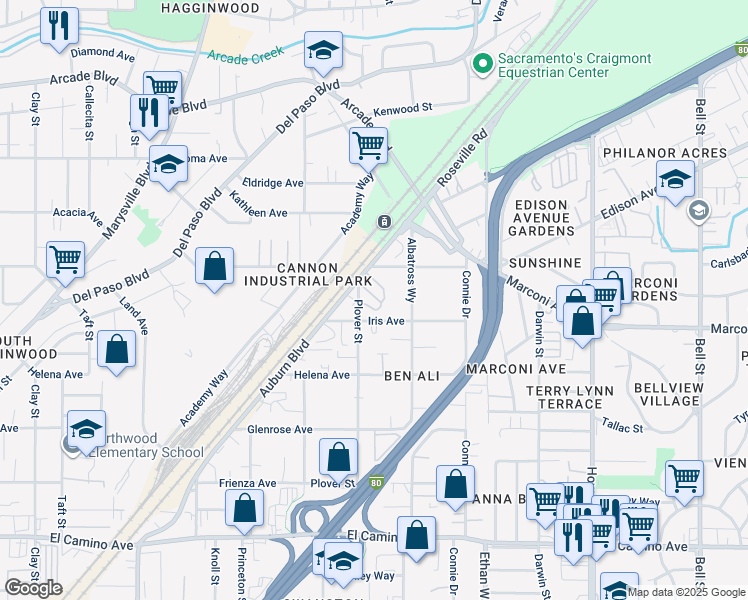 map of restaurants, bars, coffee shops, grocery stores, and more near 1750 Auburn Boulevard in Sacramento