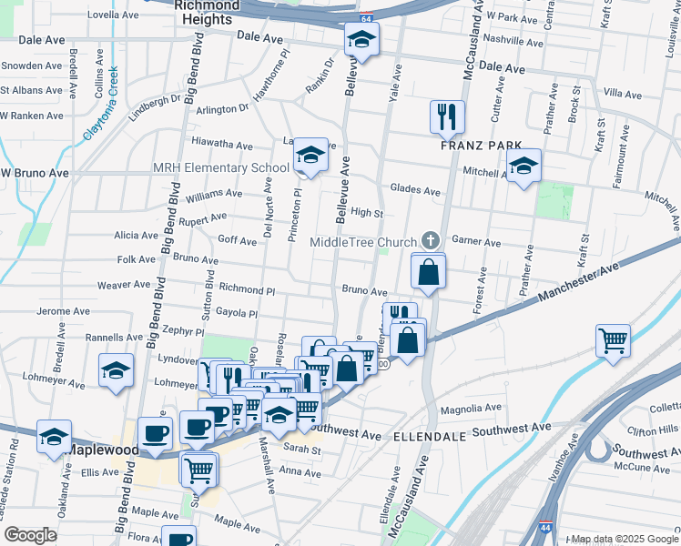 map of restaurants, bars, coffee shops, grocery stores, and more near 2130 Bellevue Avenue in Maplewood