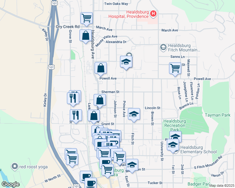 map of restaurants, bars, coffee shops, grocery stores, and more near 742 Johnson Street in Healdsburg