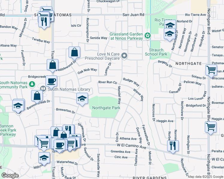 map of restaurants, bars, coffee shops, grocery stores, and more near 1230 Fall Creek Way in Sacramento