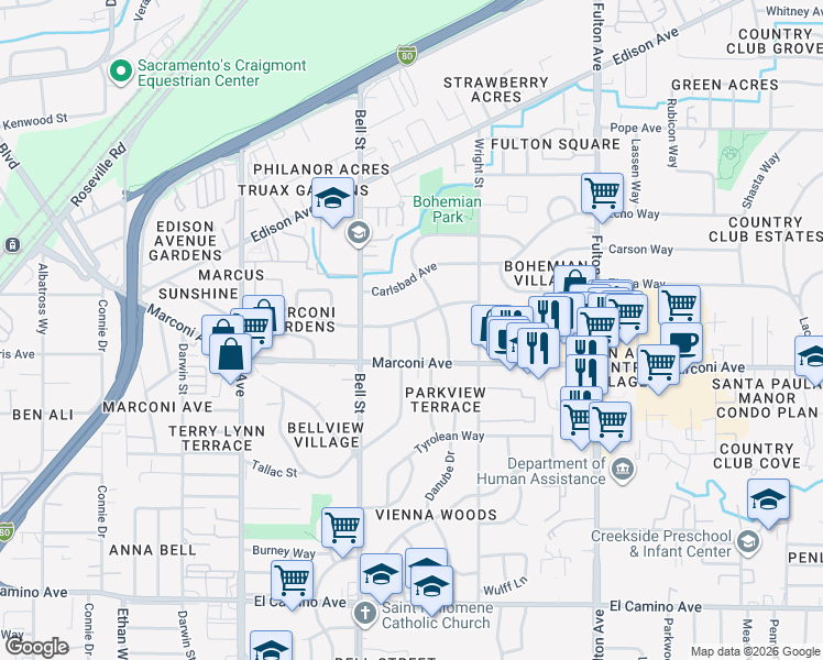map of restaurants, bars, coffee shops, grocery stores, and more near 2941 Glacier Street in Sacramento