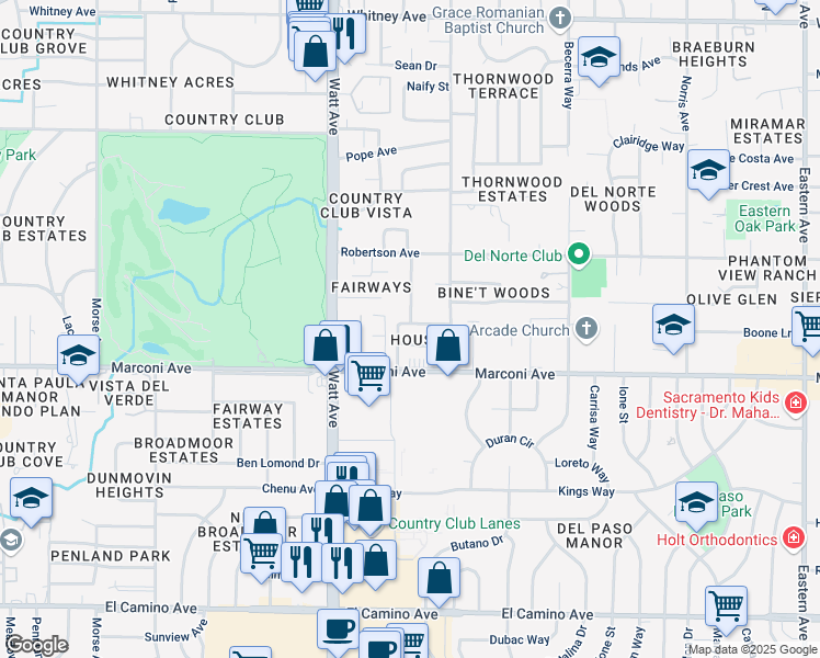 map of restaurants, bars, coffee shops, grocery stores, and more near 3604 Darlene Avenue in Sacramento