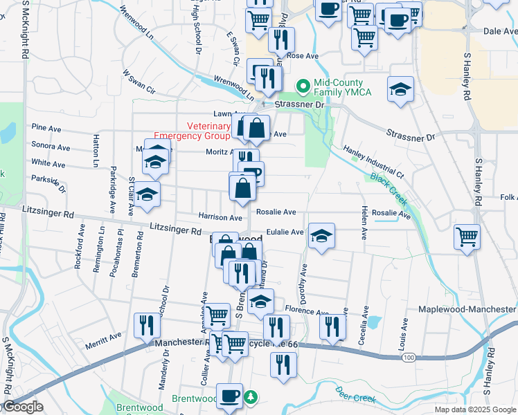 map of restaurants, bars, coffee shops, grocery stores, and more near 2328 South Brentwood Boulevard in Brentwood