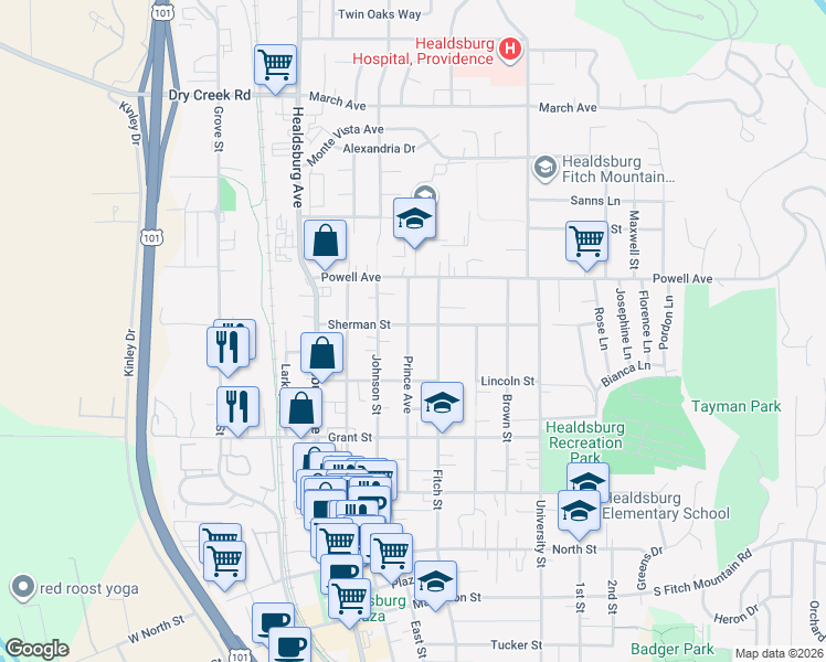 map of restaurants, bars, coffee shops, grocery stores, and more near 224 Sherman St in Healdsburg