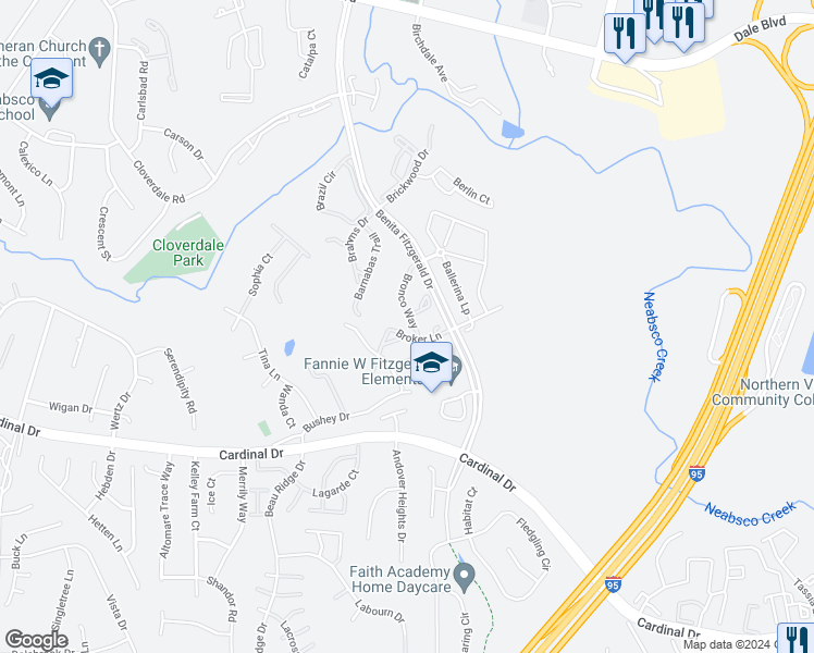 map of restaurants, bars, coffee shops, grocery stores, and more near 15372 Bronco Way in Woodbridge