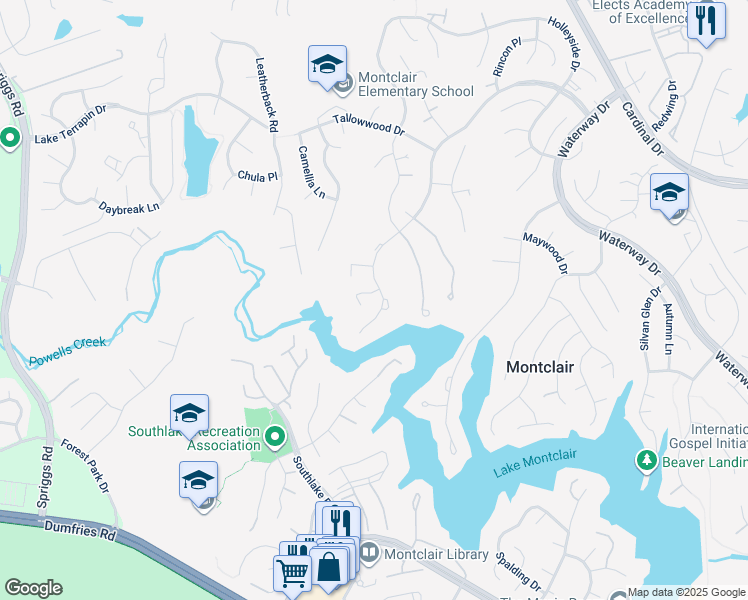 map of restaurants, bars, coffee shops, grocery stores, and more near 15402 Beachwater Ct in Dumfries
