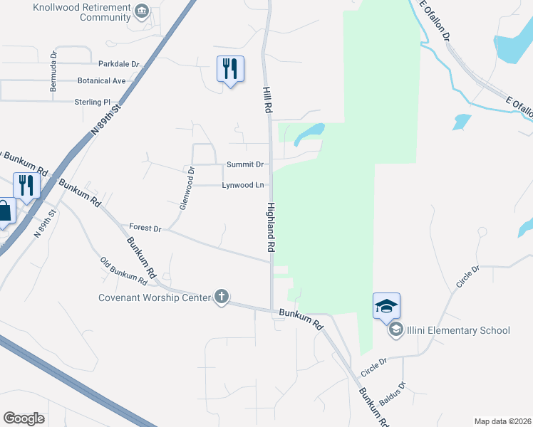 map of restaurants, bars, coffee shops, grocery stores, and more near 3961 Highland Road in Fairview Heights