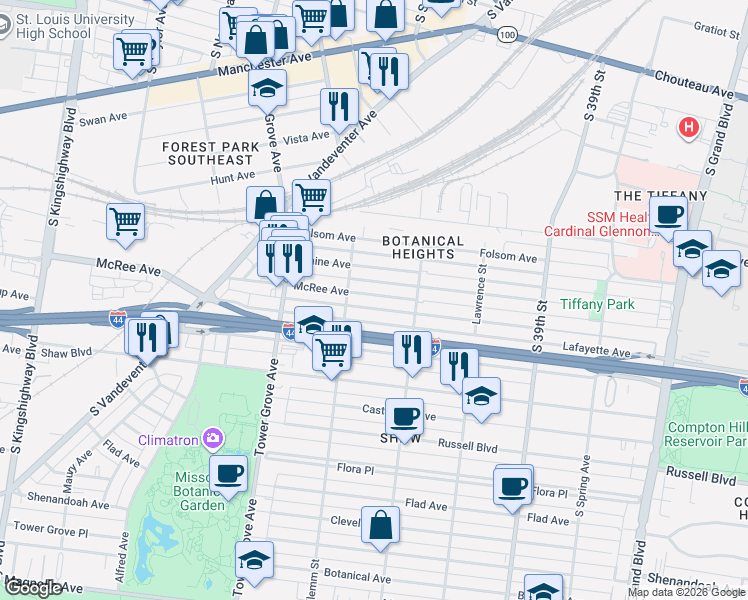 map of restaurants, bars, coffee shops, grocery stores, and more near 4148 McRee Avenue in St. Louis