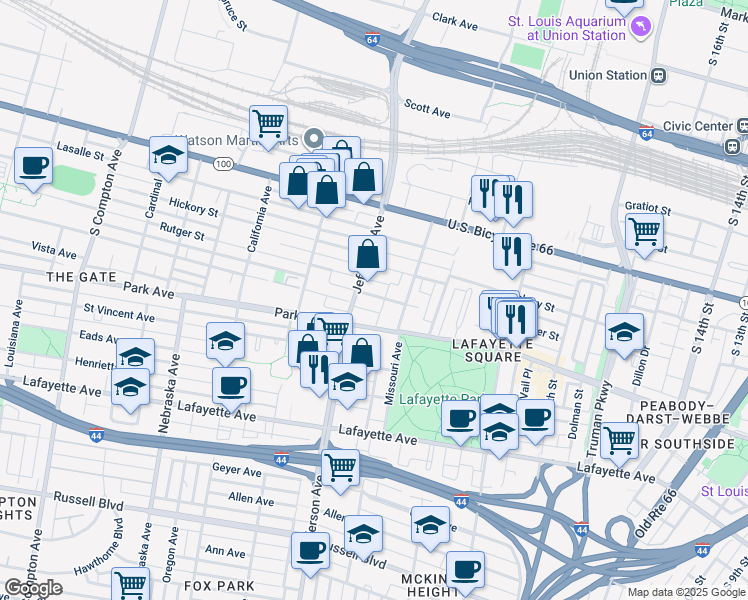 map of restaurants, bars, coffee shops, grocery stores, and more near 2334 Rutger Street in St. Louis
