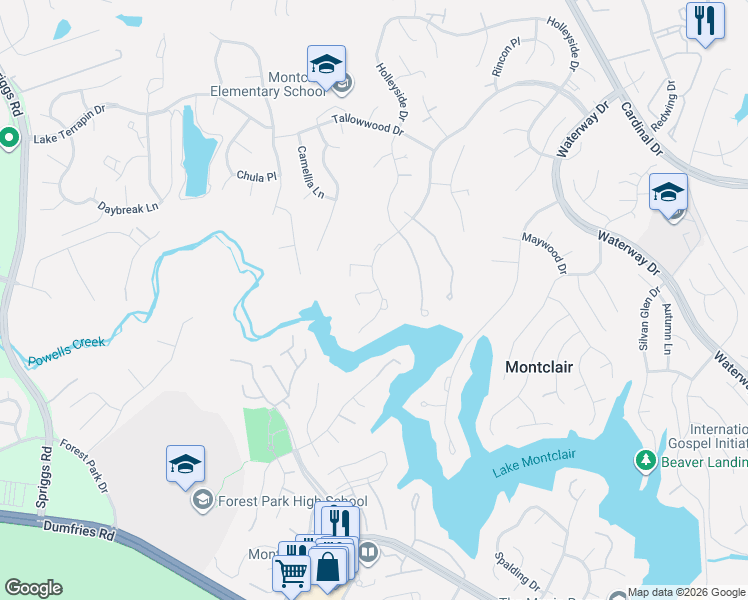 map of restaurants, bars, coffee shops, grocery stores, and more near 15400 Beachwater Court in Montclair