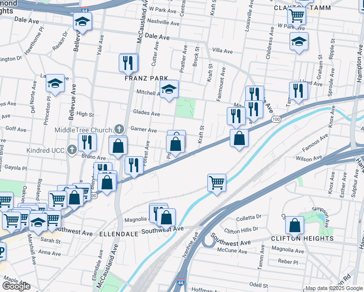 map of restaurants, bars, coffee shops, grocery stores, and more near 6717 Waldemar Avenue in St. Louis